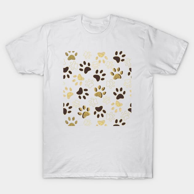 Gold and Brown Shining Paw Prints T-Shirt by GULSENGUNEL